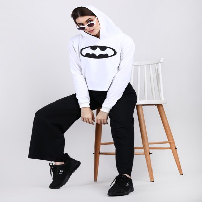 Women's Rich Cotton Regular Fit Full Sleeve White Bat Man Print Crop Hoodie Sweatshirt